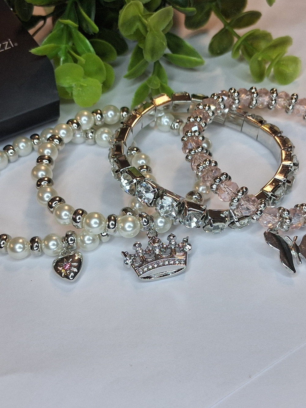 Silver Bling And Pearl Bracelet Set With Pink Opalescent Beads And Charms